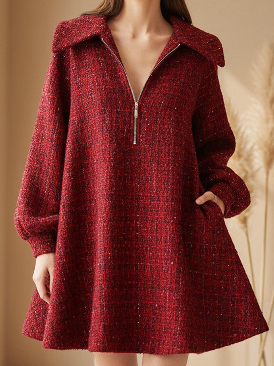 Globoko Rdeča Zip-Front A-Line Tweed Obleka