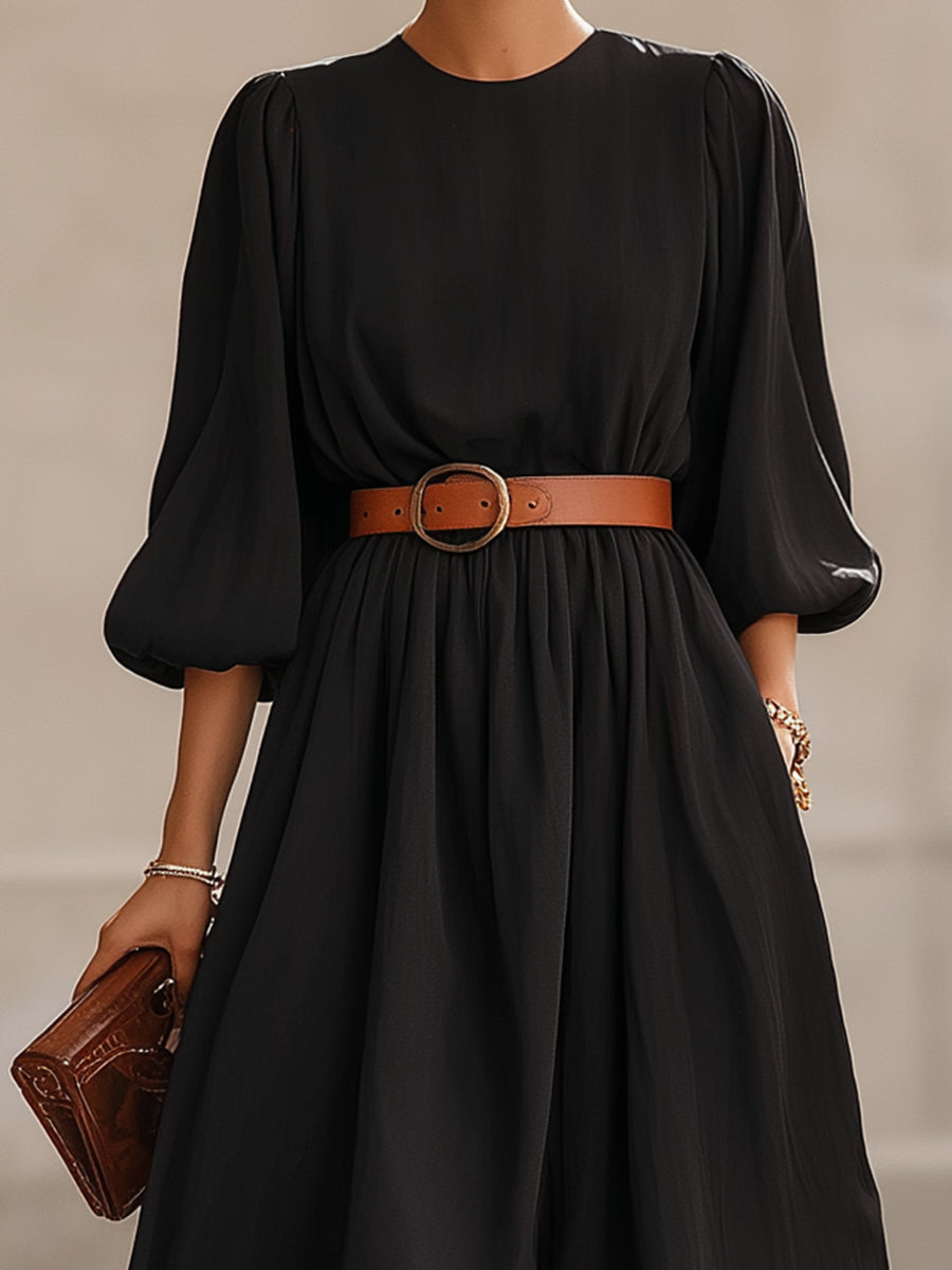 Črna midi obleka s pufastimi rokavi in pasom