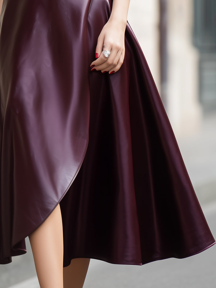 Burgundska umetna usnjena A-linijska midi krila