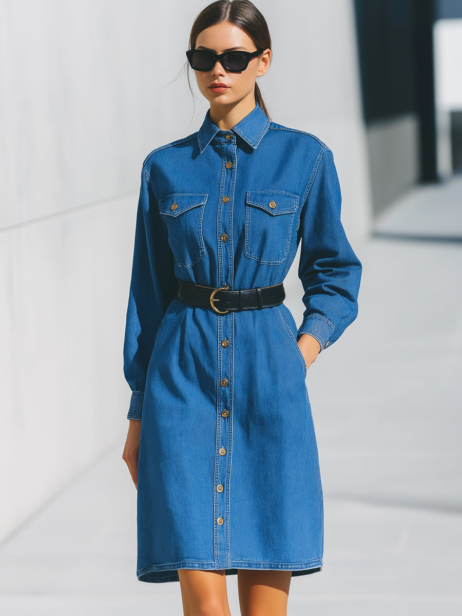 Denim srajčna obleka z pasom v klasični modri barvi