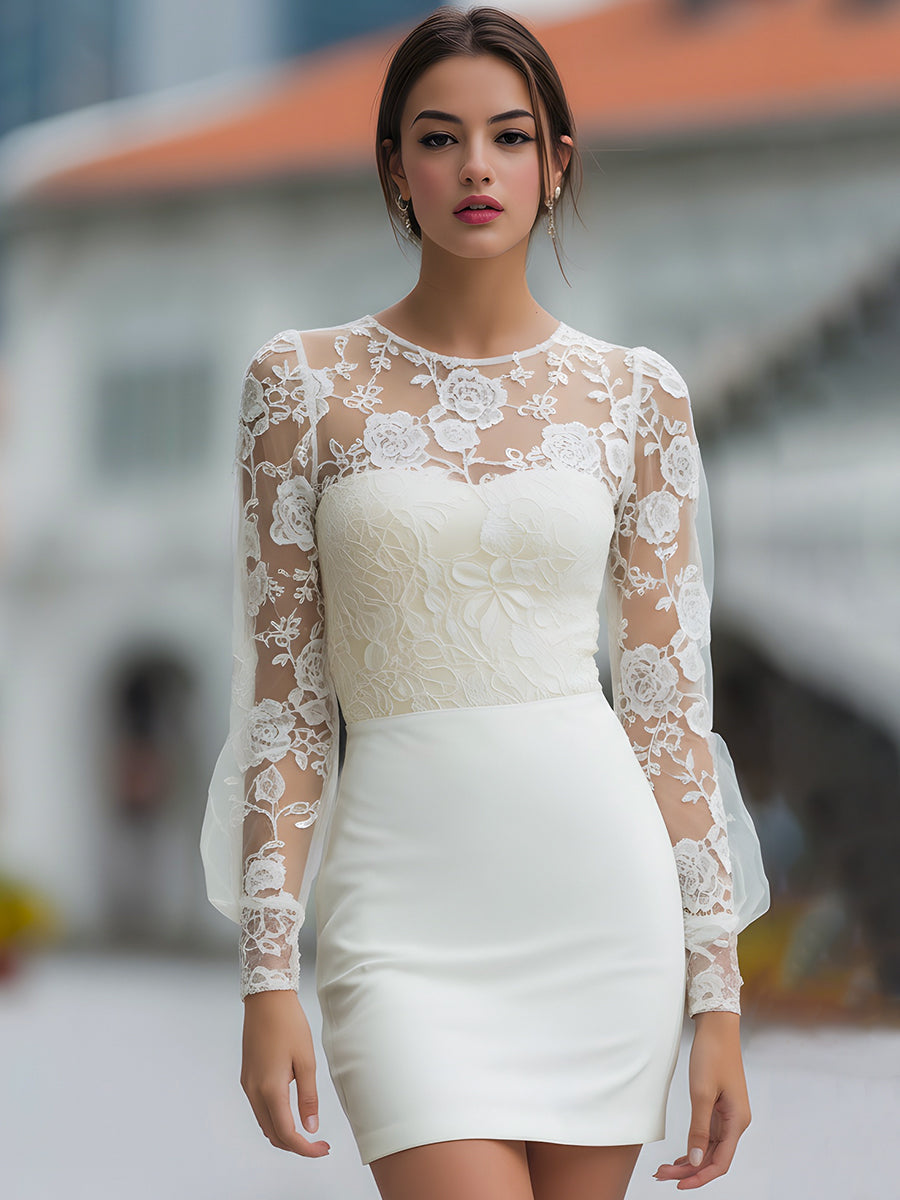 Cvjetna čipkasta mini obleka s prosojnimi rokavi