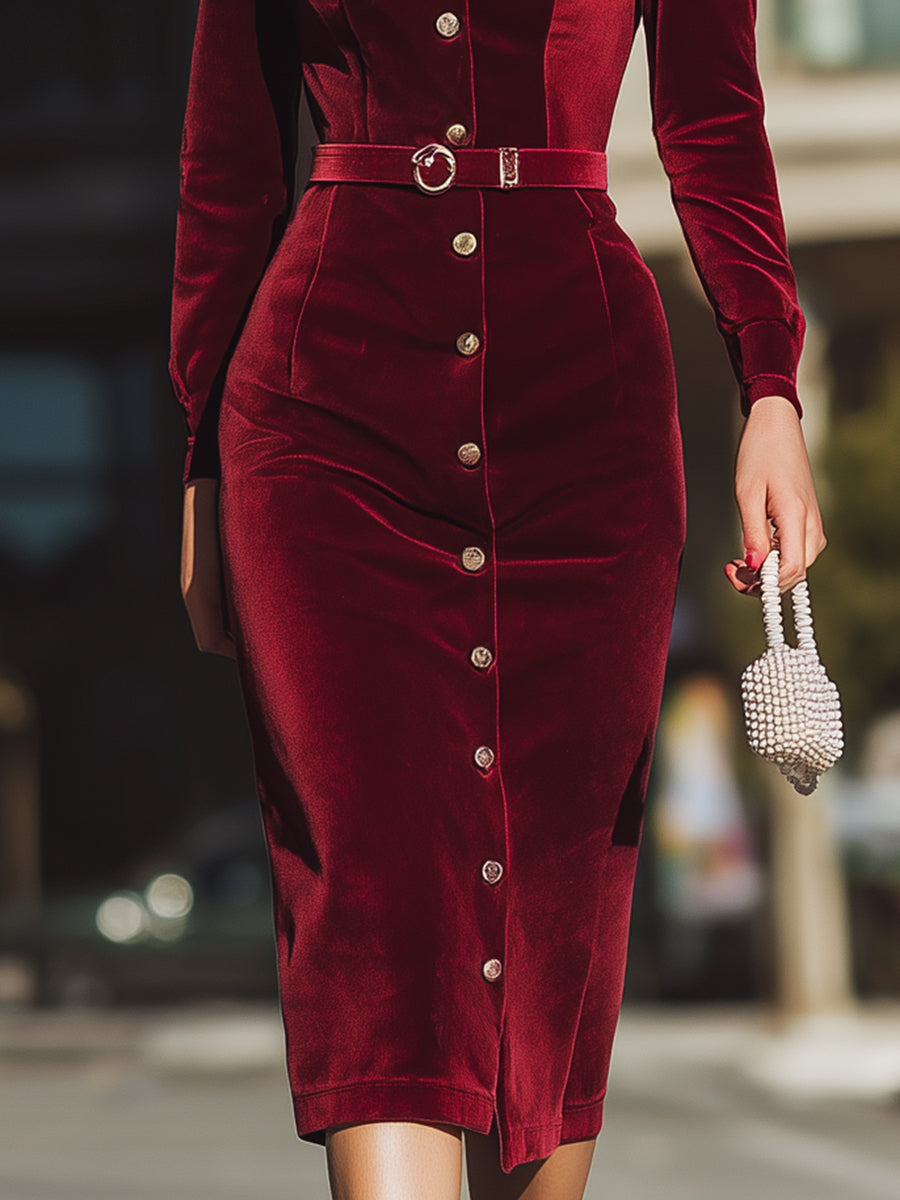 Burgundska Velur Midi Obleka