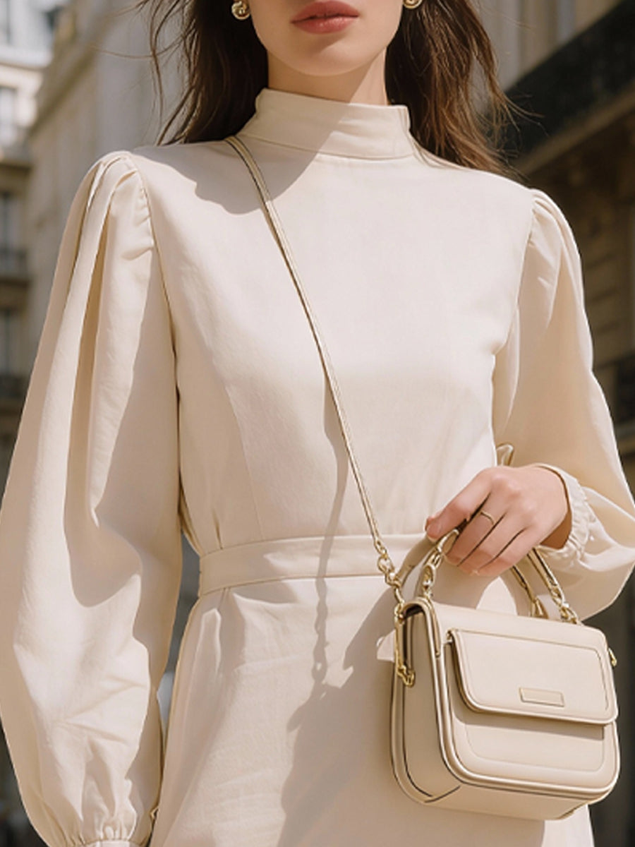 Ivory Midi obleka s puff rokavi in visokim ovratnikom