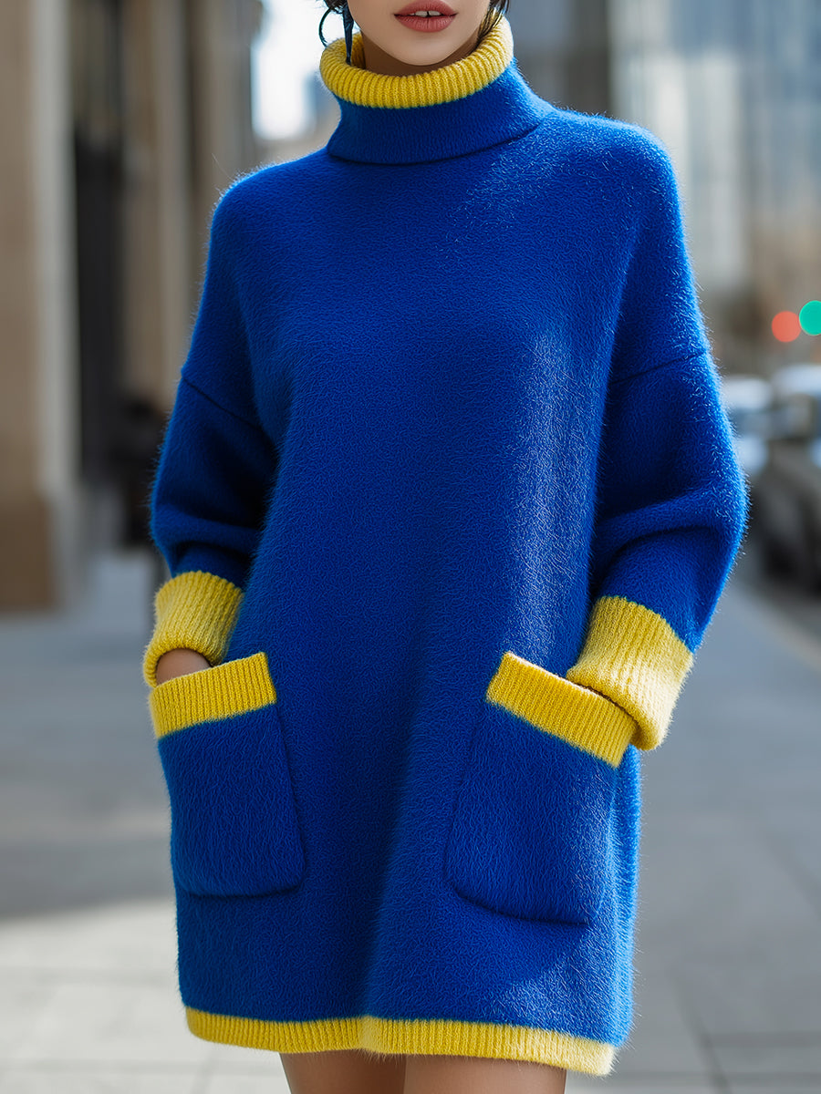 Barvno blokirana turtleneck udobna pletena obleka