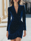 Navy Velvet Oblačilo z Detajli iz Kristalov