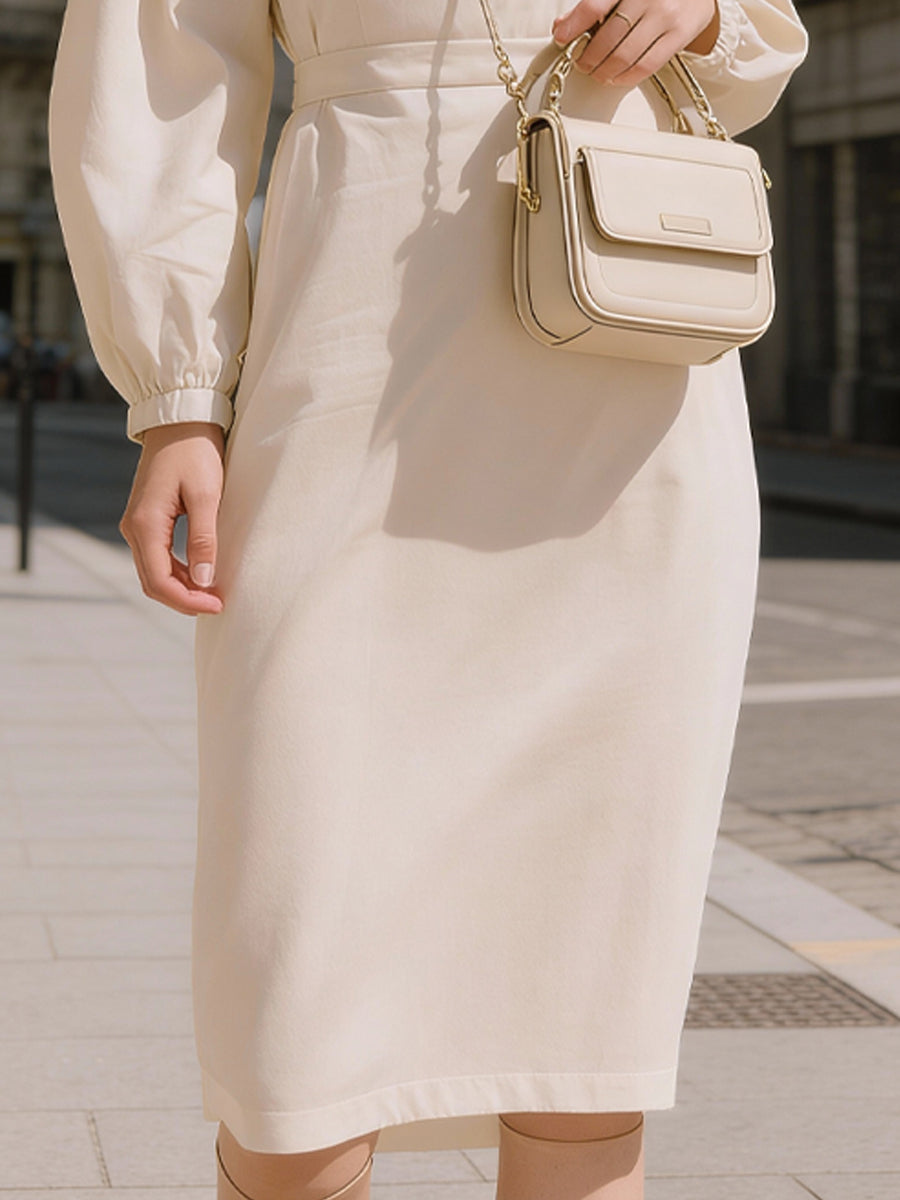 Ivory Midi obleka s puff rokavi in visokim ovratnikom