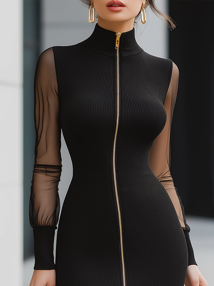 Črna obleka bodycon s prosojnimi rokavi in zadrgo spredaj