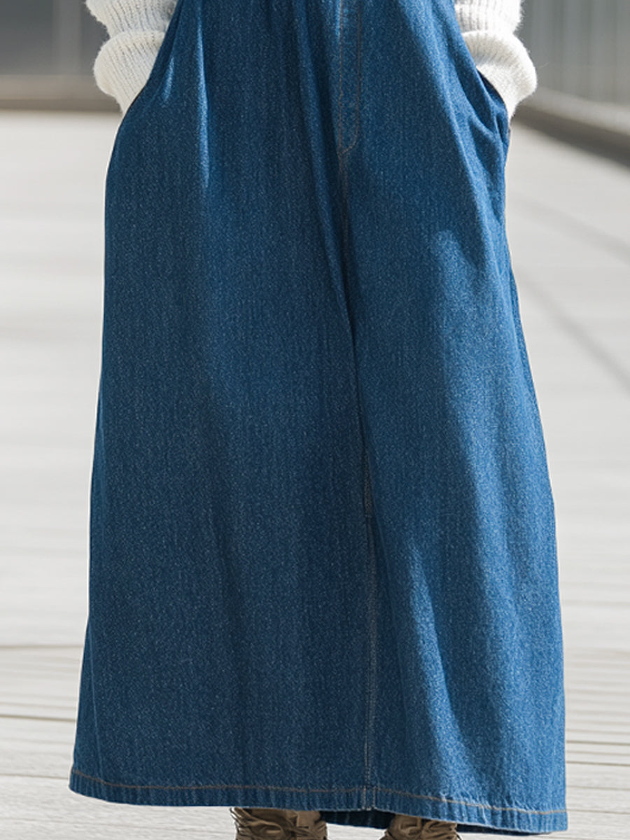 Sproščena denim obleka z širokimi hlačnicami
