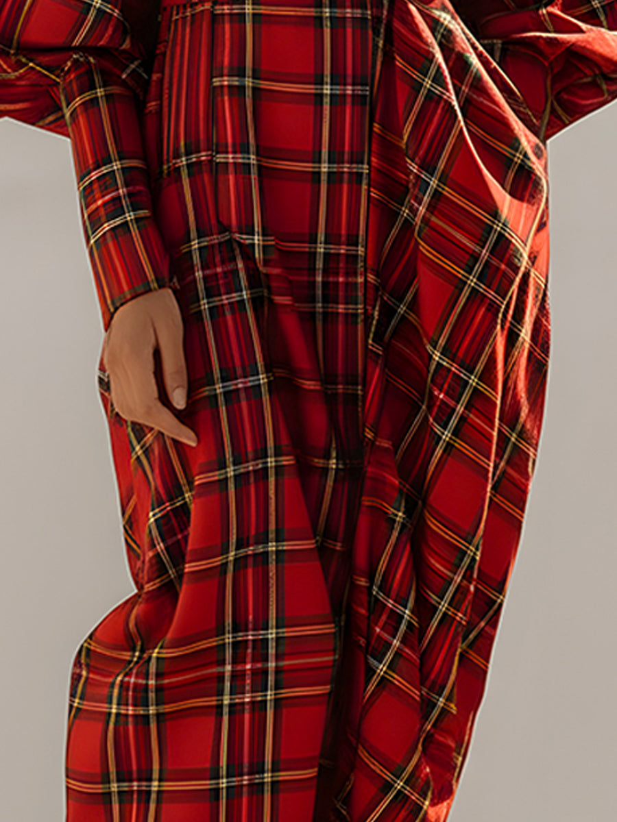 Rdeča tartan obleka midi z draperijo