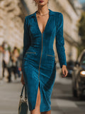 Suedna obleka Bodycon midi z zadrgo spredaj