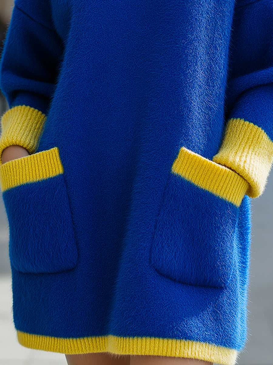 Barvno blokirana turtleneck udobna pletena obleka