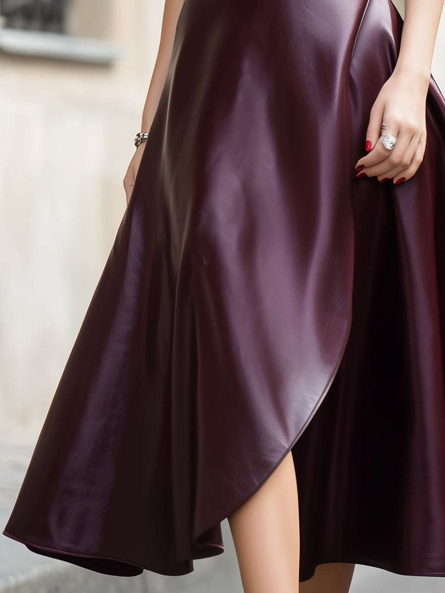 Burgundska umetna usnjena A-linijska midi krila