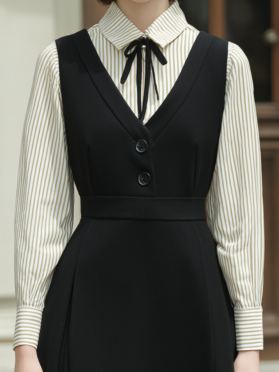 Črna V-izrez A-linija slojevita midi obleka in set s črtasto srajco