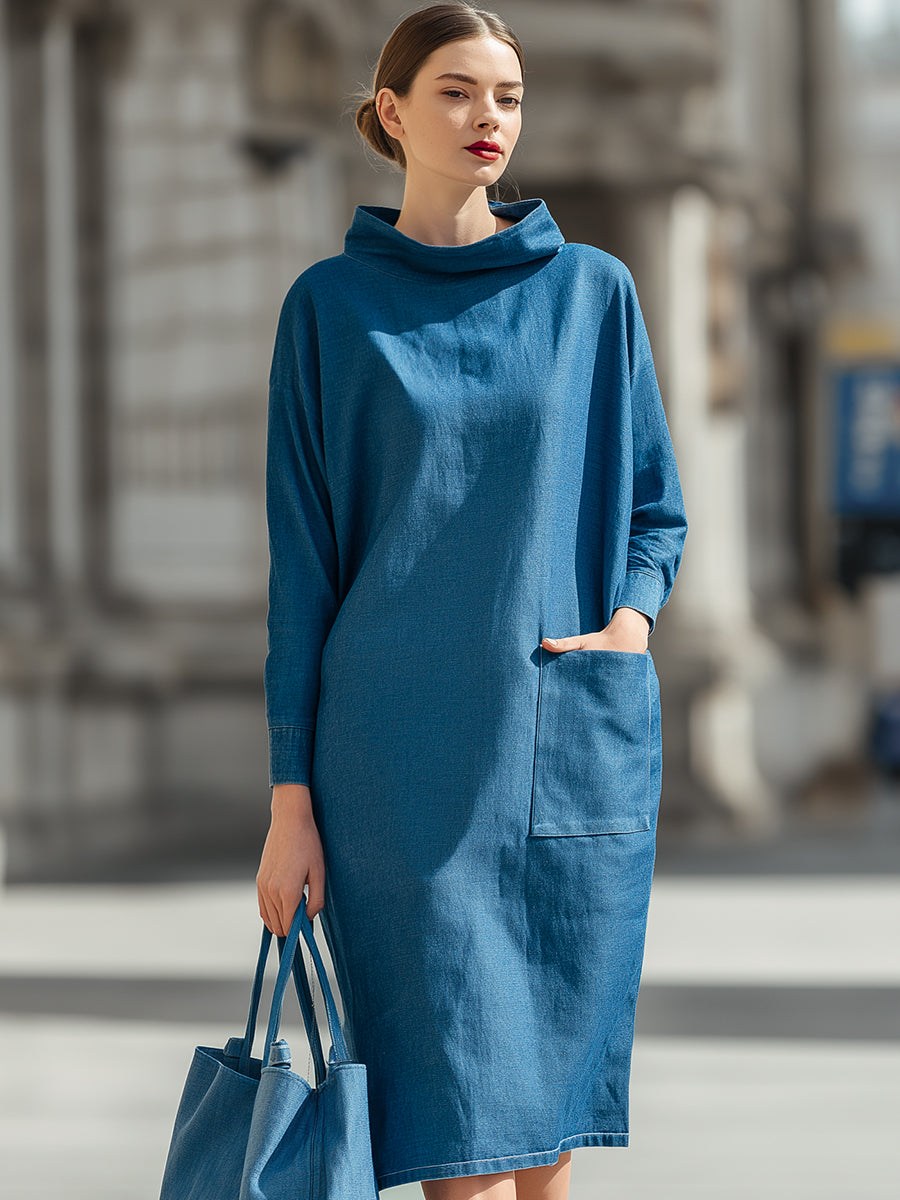 Minimalistična denim kokonska midi obleka