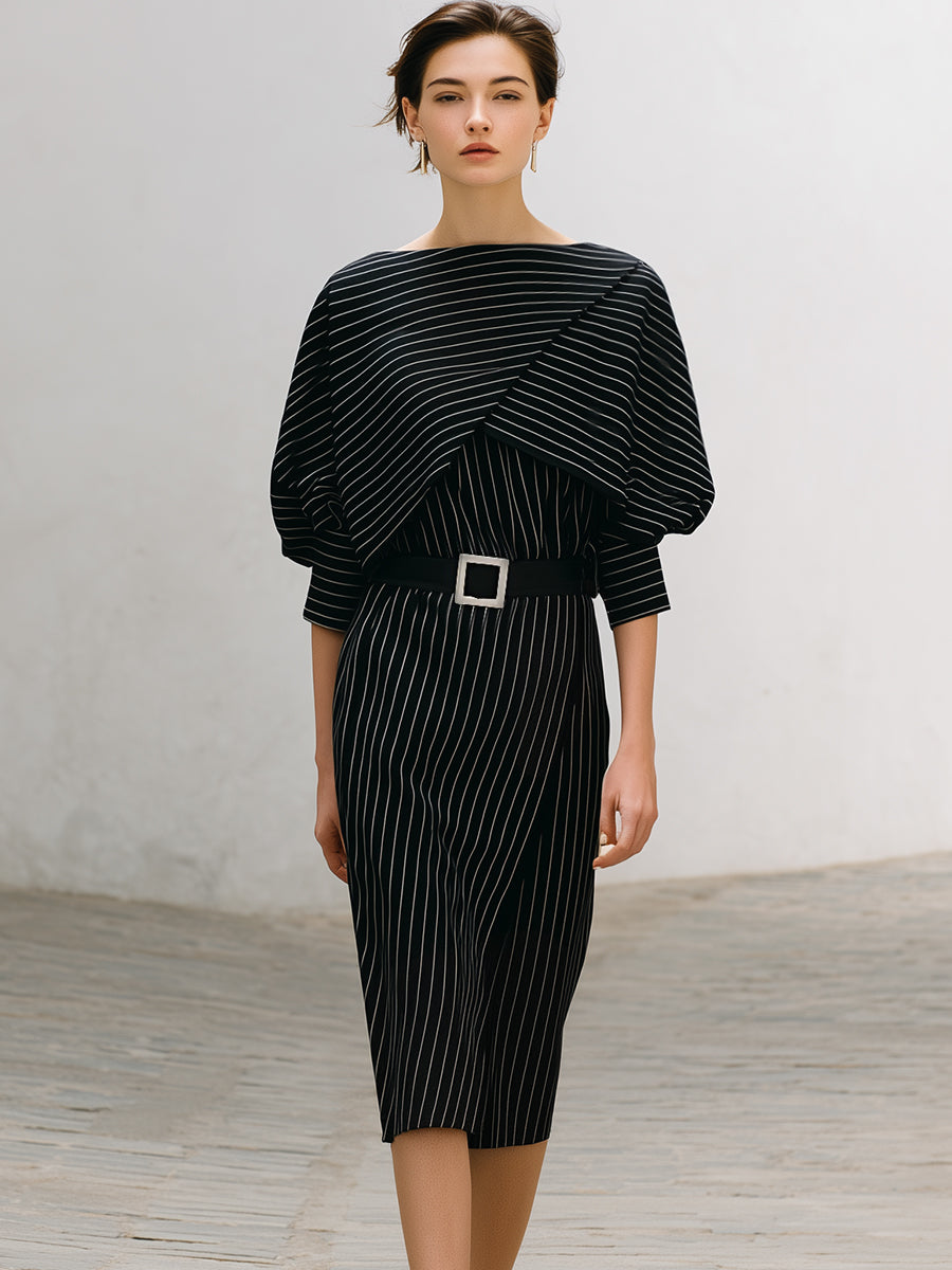 Asimetrična obleka midi s pasom in črtami