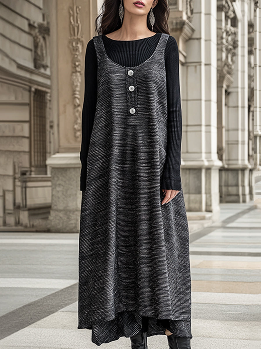 Črna in Siva Dvobarvna Maxi Obleka s Gumbi