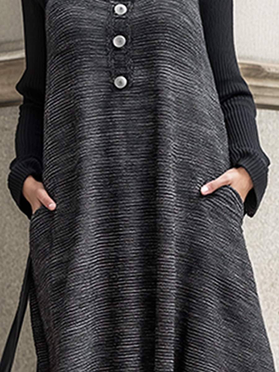 Črna in Siva Dvobarvna Maxi Obleka s Gumbi