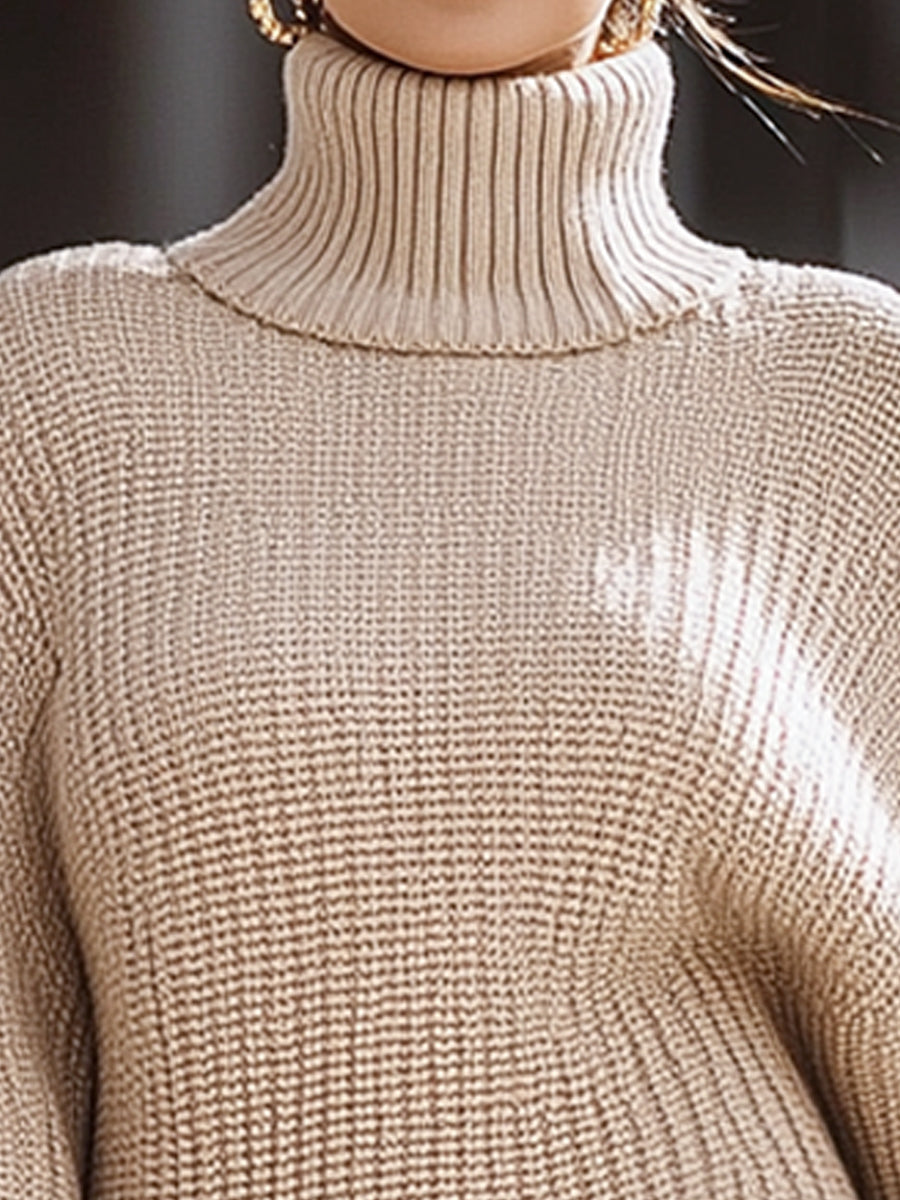 Bež pletena midi obleka z visokim ovratnikom in balonastimi rokavi