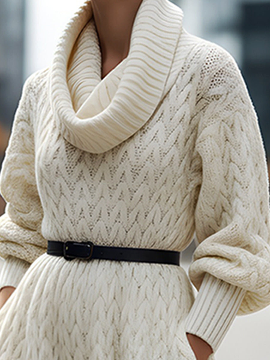 Elegantna dolga pulover obleka s turtleneck in pasom